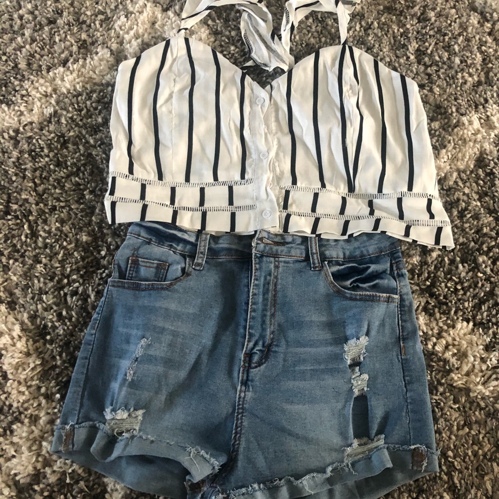 Shein black and white too w/high waist jean shorts